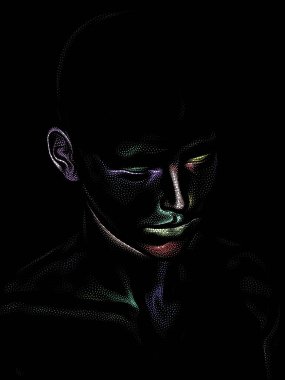 Nokta Hazırlama serisi. Bir insan modelinin 3 boyutlu görüntüleme tekniği noktalama tekniğiyle uygulanır..