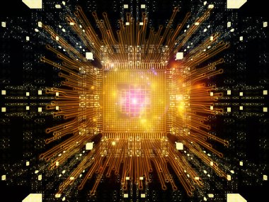 İşlemcinin özeti, fraktal geometri ve bilgisayar bilimi ve teknolojisi konularındaki ışıkların soyut 3D çizimi