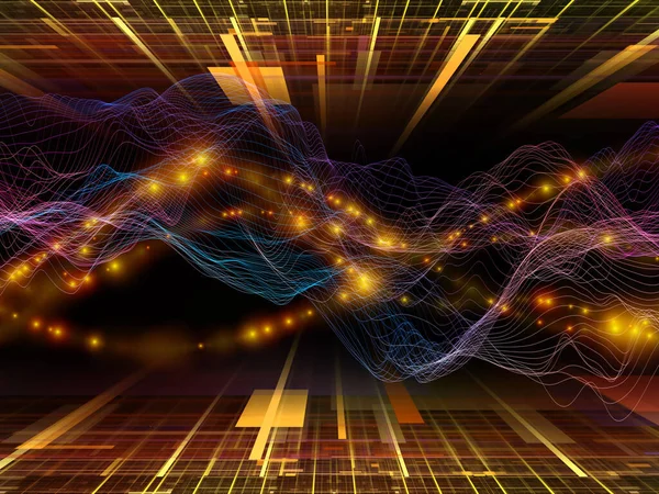 太空中的转移 虚拟浪潮系列 用于数据传输的水平正弦波和光粒子的三维绘制 虚拟的 人工的 数学的现实 — 图库照片