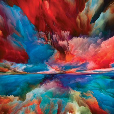 Hayalet Bulutlar. Gerçekliğe Kaçış dizisi. Sahne resimleri, hayal gücü, yaratıcılık ve sanat üzerine çalışmalar için gerçeküstü gün batımı renkleri ve dokularının arkaplan tasarımı