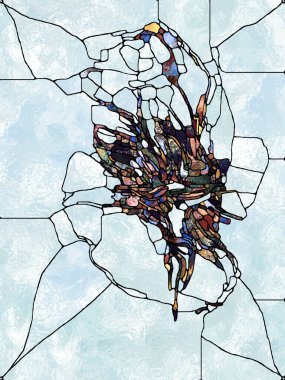 İnanç dokusu. Lekeli Camların Haçı serisi. İsa ve Doğa 'nın çarmıha gerilmesinin parçalanmış birliği üzerine çalışmalar için organik kilise pencere deseninin görsel olarak memnun edici bileşimi