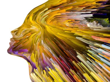 Sade arka planda izole edilmiş insan profilleri ve içinde çok renkli boya izleri var. Yaratıcılık, hayal gücü ve sanat konusunda.