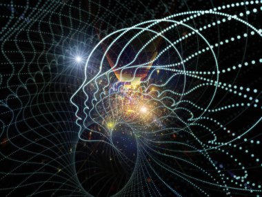 Sanal Zihinler serisi. Eğitim, bilim ve bilinç konularındaki insan yüzü profilleri ve soyut öğeler.