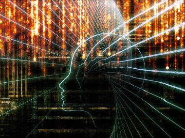 Bilgi Aklı serisi. İnsan silueti ve ışıltılı akarsu çizgileri eğitim, bilim ve modern teknoloji konularında kompozisyon oluşturur.