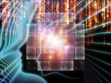 Bilgi Aklı serisi. İnsan silueti ve ışıltılı akarsu çizgileri eğitim, bilim ve modern teknoloji konularında kompozisyon oluşturur.