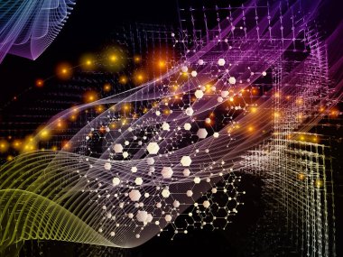 Soyut Ağ Sistemi. Bilim, eğitim ve modern teknoloji konularındaki parçacıklar, ışıklar ve soyut element bileşimi.