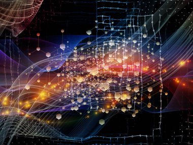 Soyut Ağ Sistemi. Bilim, eğitim ve modern teknoloji konularındaki parçacıklar, ışıklar ve soyut element bileşimi.