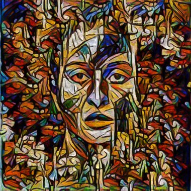 İç dünya, yaratıcılık ve tasarım konularında soyut resim tarzında yapılmış kadın portresi.