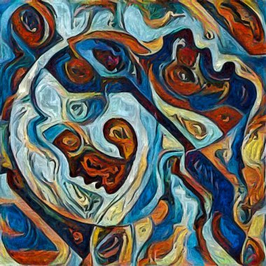 Hepimiz bu işin içindeyiz. İnsan siluetleri, insan durumunun şiirselliği üzerine soyut resim tarzıyla çizilmiştir..