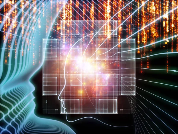 Bilgi Aklı serisi. İnsan silueti ve ışıltılı akarsu çizgileri eğitim, bilim ve modern teknoloji konularında kompozisyon oluşturur.