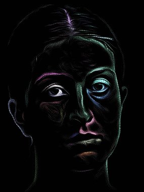 Kişilik Çalışmaları serisi. Sanat, şiir ve tiyatro projelerinde kullanılmak üzere Benekleme Tekniğiyle idam edilen genç bir kadının yüzü.