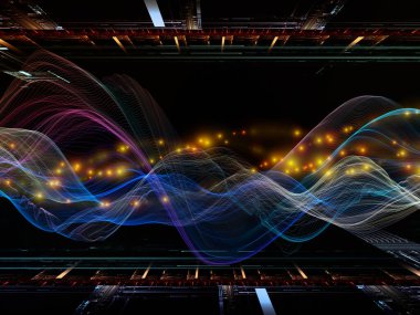 Sanal Evren. Sanal Dalga serisi. Veri transferi, sanal, yapay, matematiksel gerçeklik konularında yatay sinüs dalgaları ve ışık parçacıklarının arkaplan tasarımı.