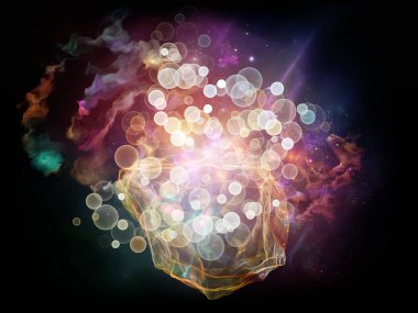 Dijital Parçacıklar serisi. Renkli küresel parçacıkların etkileşimi, fraktal elementler ve konu bilim ve modern teknoloji üzerine nebulize edilmiş rakamlar.