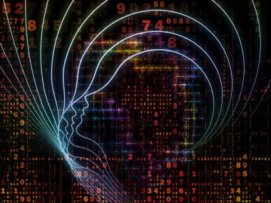 Zihin serisinin doğuşu. Genel yapay zeka ve modern teknoloji üzerine insan kafası siluetleri ve sayı şebekelerinin arka planı.