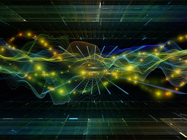 Virtuellt Universum Virtual Wave Serien Bakgrundsdesign Horisontella Sinusvågor Och Ljuspartiklar — Stockfoto