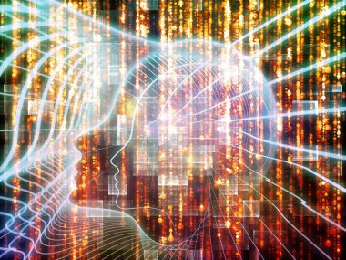 Bilgi Aklı serisi. İnsan silueti ve ışıltılı akarsu çizgileri eğitim, bilim ve modern teknoloji konularında kompozisyon oluşturur.