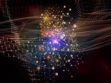 Soyut Ağ Sistemi. Bilim, eğitim ve modern teknoloji konularındaki parçacıklar, ışıklar ve soyut element bileşimi.