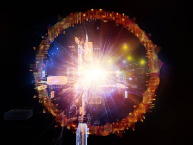 Light Horizon. Bilim, eğitim ve modern teknoloji konularında uzak ışıklara doğru tekno parçacıkların hareketi. 3B görüntüleme.