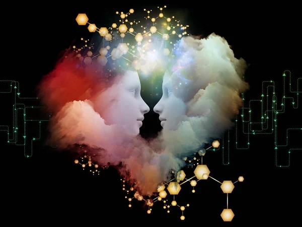 私たちの間の化学 愛と人工知能をテーマに 抽象的な分子構造 ネットワーク要素 ハート型のフラクタル雲に囲まれた夫婦の顔 — ストック写真
