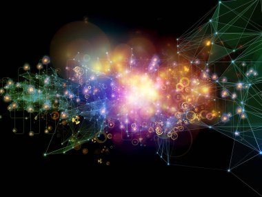 Gelecek Bağlantı serisi. Ağ hatlarının, ışıkların ve sembollerin modern teknoloji, ağ oluşturma, telekomünikasyon ve bilim konularındaki karanlık arkaplan ile etkileşimi.