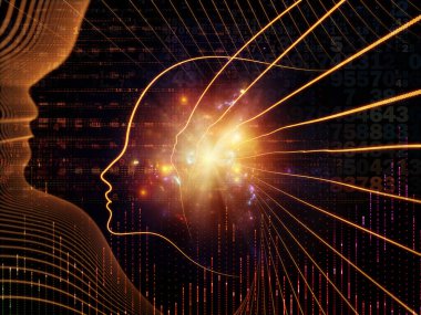 Zihin serisinin doğuşu. Genel yapay zeka ve modern teknoloji üzerine insan kafası siluetleri ve sayı şebekelerinin arka planı.