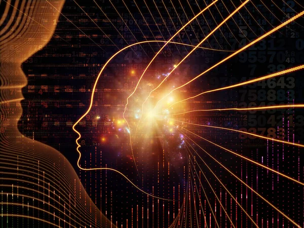 Zihin serisinin doğuşu. Genel yapay zeka ve modern teknoloji üzerine insan kafası siluetleri ve sayı şebekelerinin arka planı.