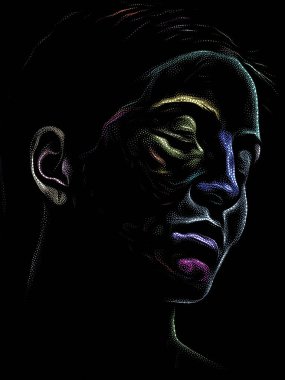 Kişilik Çalışmaları serisi. Sanat, şiir ve tiyatro projelerinde kullanılmak üzere Benekleme Tekniğiyle idam edilen genç bir kadının yüzü.