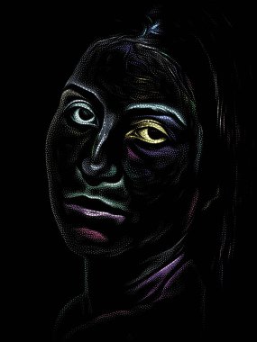 Kişilik Çalışmaları serisi. Sanat, şiir ve tiyatro projelerinde kullanılmak üzere Benekleme Tekniğiyle idam edilen genç bir kadının yüzü.