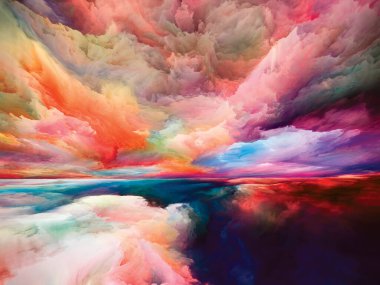 Hayalet Bulutlar. Gerçekliğe Kaçış dizisi. Sahne resimleri, hayal gücü, yaratıcılık ve sanat üzerine çalışmalar için gerçeküstü gün batımı renkleri ve dokularının arkaplan tasarımı