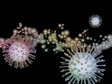 Coronavirus Evreni. Viral Salgın Serisi. Virüs, salgın, enfeksiyon, hastalık ve sağlık konularında 3 boyutlu Coronavirus parçacıkları ve mikro uzay elementleri