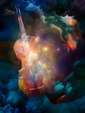 Müzik, sanat ve yaratıcılık konularında renkli keman ve fraktal boya soyutlaması. 3B Görüntü.