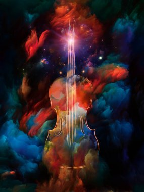Müzik, sanat ve yaratıcılık konularında renkli keman ve fraktal boya soyutlaması. 3B Görüntü.