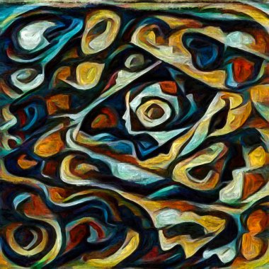 Zihin patlaması. İnsan yüzleri sarmalı, insan durumunun şiirselliği üzerine soyut resim tarzıyla çizilmiş..