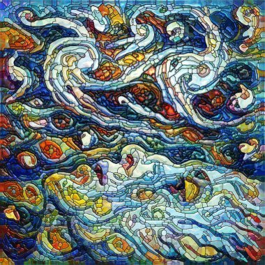 Dizinin üstündeki yıldızlar. Kadın yüzü elementleri, doğa ve insan kimliği üzerine renklendirilmiş cam tasarımı ile düzenlenmiştir..