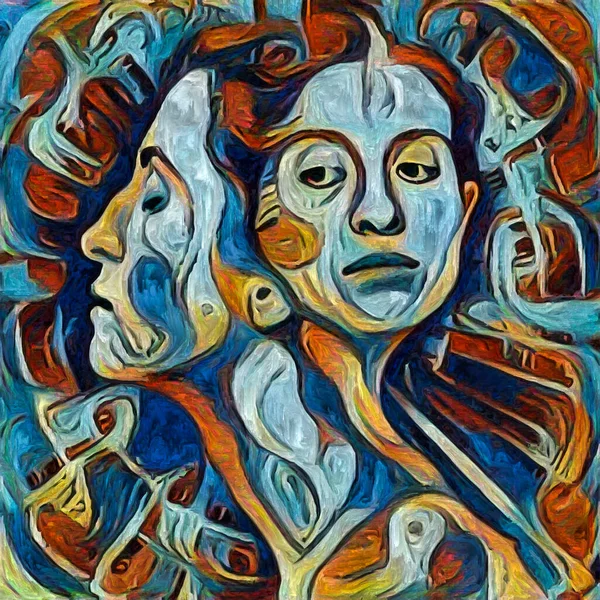 Duas Retrato Feminino Renderizado Estilo Pintura Abstrata Sobre Tema Mundo — Fotografia de Stock