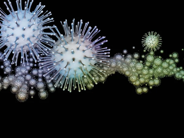Virüs Mantığı. Viral Salgın Serisi. Coronavirus parçacıkları ve virüs, salgın, enfeksiyon, hastalık ve sağlıkla ilgili mikro uzay elementlerinin 3D Illustration 'ı