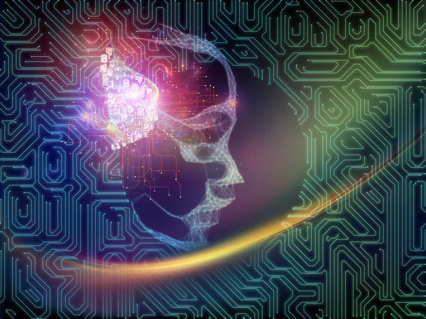 Tracing Artificial Intelligence. Composition of Androids face, electric circuit and abstract lights on subject of AI, modern technology and computing. 3D Illustration