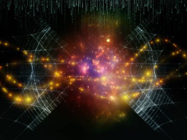 Matematik, geometri, bilim, eğitim ve iletişim teknolojisi konularında matris numaralarının üst üste bindirildiği fraktal şebekeler ve ışıklar kullanılarak sanal uzayın 3D çizimi.