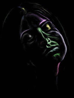 Kişilik Çalışmaları serisi. Sanat, şiir ve tiyatro projelerinde kullanılmak üzere Benekleme Tekniğiyle idam edilen genç bir kadının yüzü.