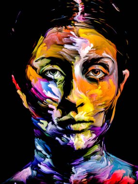 Renk serisi insanları. Yaratıcılık, hayal gücü ve sanat konularında genç bir kadının renkli soyut portresi.