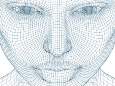 İnsan kafası ve yüzünün üç boyutlu görüntülenmesi illüstrasyon ve tasarım için tel örgüsü olarak kullanılacak