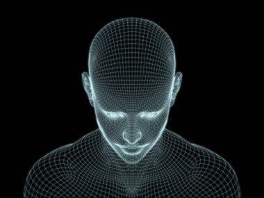 Teknoloji, eğitim ve bilgisayar bilimleri illüstrasyonlarında kullanılmak üzere insan kafasının tel örgüsü içinde 3B görüntüsü