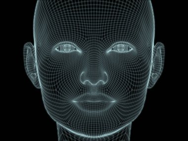 İnsan kafasının teknoloji, eğitim ve bilgisayar bilimleri illüstrasyonlarında kullanılmak üzere tel örgüde 3 boyutlu görüntülenmesi