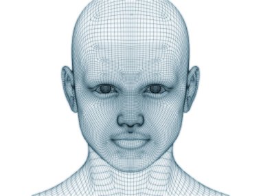 İnsan kafası ve yüzünün üç boyutlu görüntülenmesi illüstrasyon ve tasarım için tel örgüsü olarak kullanılacak