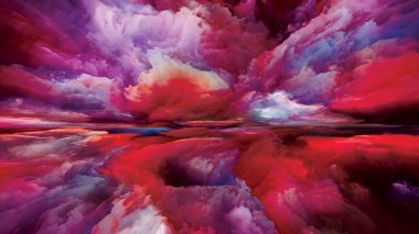 Işık bulutları. Gerçekliğe Kaçış dizisi. Doğaüstü günbatımı renkleri ve dokularından oluşan tasarım manzara resmi, hayal gücü, yaratıcılık ve sanat metaforu