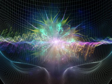 Zihin dalgası serisi. Bilinç, akıl, düşünce ve iç dünya üzerine soyut ışık dalgalarıyla insan yüzünün kablo çerçevesi. 3B Görüntü.