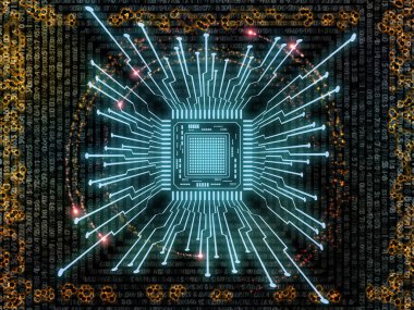 Bilgisayar bilimi ve modern teknoloji üzerine rakamlar ve işlemci kompozisyonu