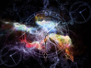 Zaman İzafiyeti. Time serisinin yüzleri. Bilim, eğitim ve modern teknolojilerin metaforu olarak saat kadranları ve soyut elementlerden oluşan tasarım