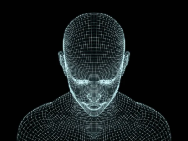 Teknoloji, eğitim ve bilgisayar bilimleri illüstrasyonlarında kullanılmak üzere insan kafasının tel örgüsü içinde 3B görüntüsü