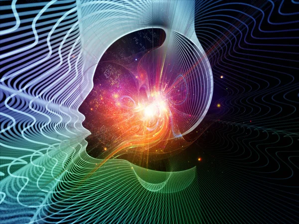 Düşünme serisinin yörüngeleri. İnsan kafasının 3 boyutlu yorumlanması ve teknoloji ve eğitim konusunun ana hatları.